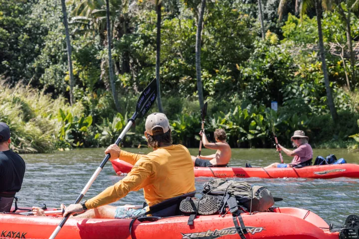 Guests kayaking the Wailua River through lush tropical scenery on a guided Kauaʻi kayak tour