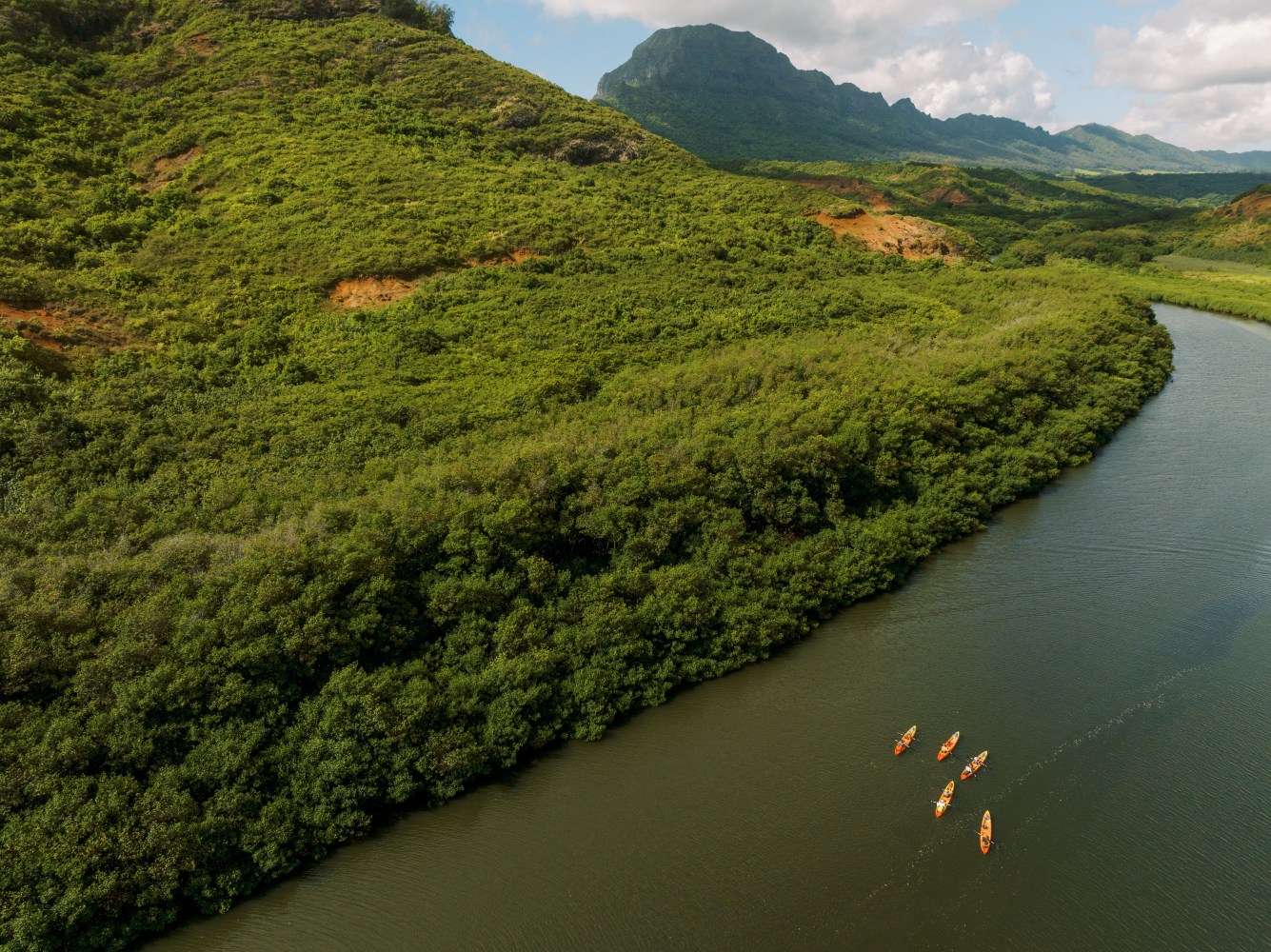 Aerial view of kayakers on the Huleia River during the Outfitters Kauai Hidden Falls kayak tour in Lihue Hawaii