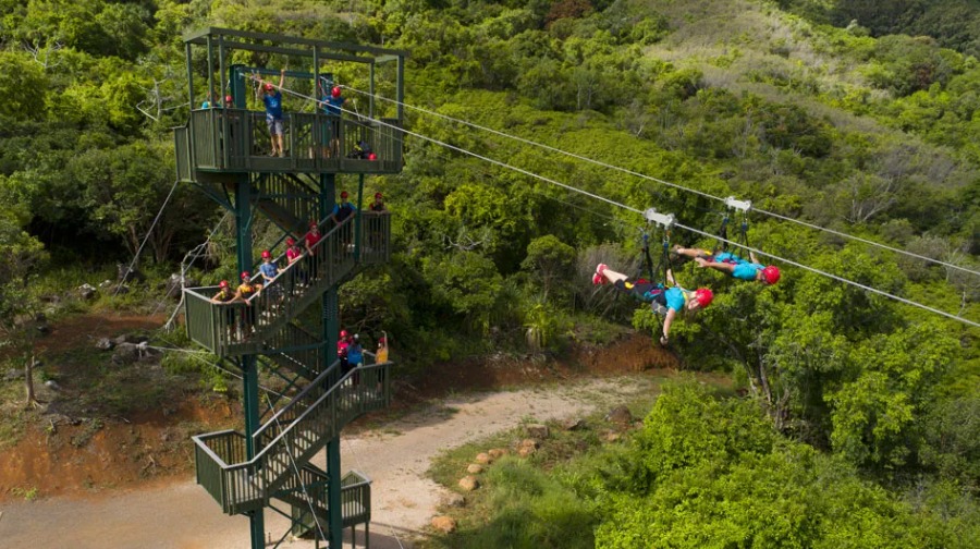 Guests flying side by side on the Flyline zipline at Kipu Ranch, launching from a tower and soaring above the scenic Kauaʻi landscape.