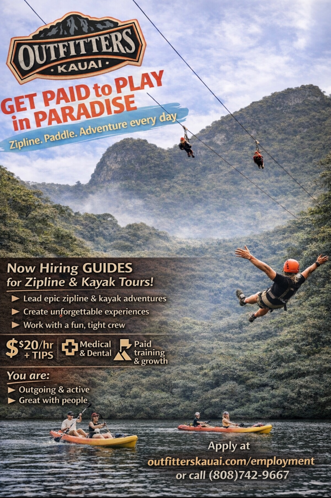 Kauai zipline and kayak tour guide jobs at Outfitters Kauai featuring jungle ziplining and river kayaking adventure in Hawaii