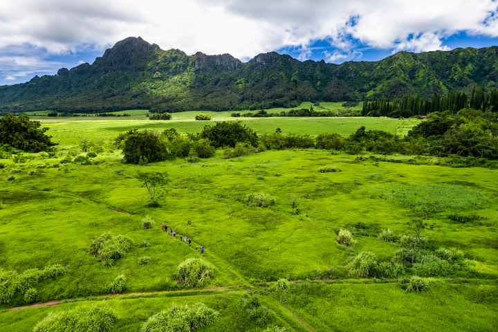 Guests hiking through the lush green valleys of Kīpū Ranch beneath the Hāʻupu Mountain Range on Kauaʻi.