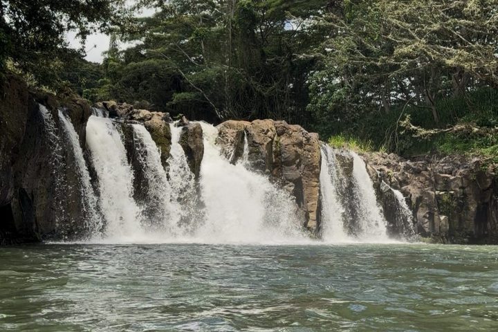 The legendary Kīpū Falls waterfall at Kīpū Ranch on Kauaʻi, featured on the Kīpū Falls & Treehouse Hike.